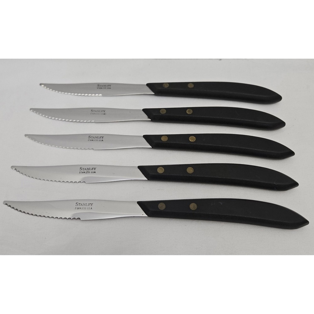 Vtg Stanley Stainless USA Steak Knives Set of 5 Black Composite Handles Serrated